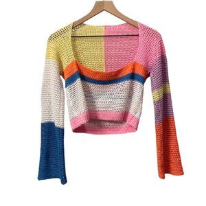 Colorful Crochet Knit Square Neck Long Sleeve Crop Top Colorblock Size Small